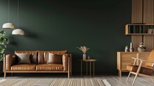 A Living Room With A Brown Leather Couch. Dark Green Walls And Brown Leather Furniture, Modern Interior