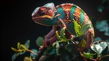 illustration of realistic multicolored chameleon with iridescent skin in speckles sitting on branch of a bush over black background