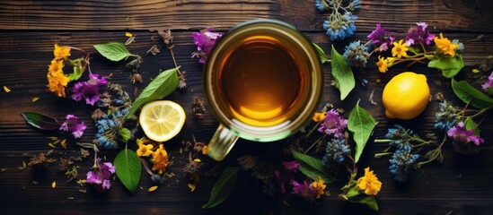 Canvas Print - Herbal tea with St. John's flowers on a rustic table, from above.