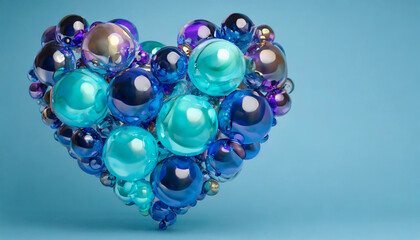 Wall Mural - Multicolored Sphere Love Heart. Lught blue, Blue Glass and Blue Metallic Spheres arranged in a heart shape. 3D Render, blue background