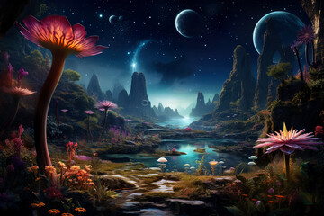 An alien planet with exotic plants and fantastical creatures