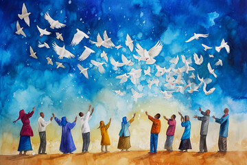 whimsical watercolor painting of a group of people releasing doves into the sky