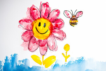 Poster - watercolor illustration of a child's drawing of a smiling flower with a bee