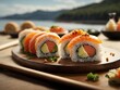 Delicious sushi rolls on wooden board against blurred background, closeup