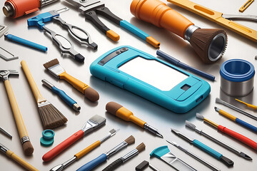 Wall Mural - tools for repair and restoration work. equipment for painting redesign design. vertical advertising 