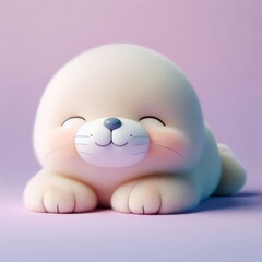 Wall Mural - Сute fluffy baby white-coat seal toy sleeping on a pastel purple background. Minimal adorable animals concept. Wide screen wallpaper. Web banner with copy space for design.