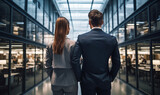 Fototapeta  - partnerzy biznesowi, kobieta i mężczyzna stojący plecami do kamery w biurze, w tle nowoczesne biuro