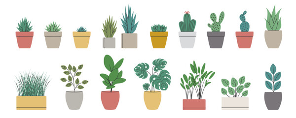 Set of decorative houseplants. Collection trendy plants and nature homemade flowers in pot interior decoration in flat style. Vector illustration on white background