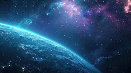 approaching an uncharted planet in outer space. outer space with a blue planet. galaxy and nebula. f