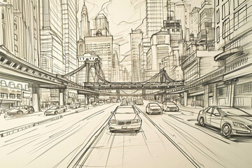 Wall Mural - sketch of a cityscape with buildings, bridges and cars