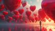 A daring woman floats among the clouds, her heart filled with love as she holds onto red aerostat balloons, a unique form of transportation