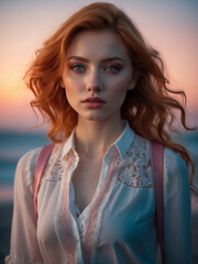 Wall Mural - medium shot of an incredibly stunning and astonishing young woman with light red hair and captivating eyes