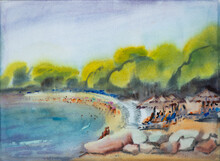 Watercolor Painting Of The Beach In Cote Dazur France