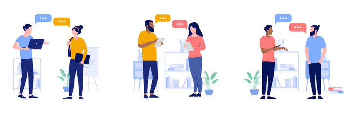 Poster - People talking collection - Set of illustrations with businesspeople having conversation and dialogue about business and work. Flat design vectors with white background