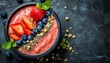 Superfood smoothie bowl with fruits, chia flax, granola, coconut flakes, blueberries, top view.