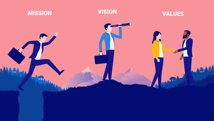 Leinwandbilder - Mission vision values business illustration - Businesspeople outdoors doing various poses symbolising company core values. Flat design vector