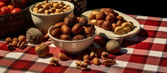 Wall Mural - Assorted nuts in shells on plaid tablecloth