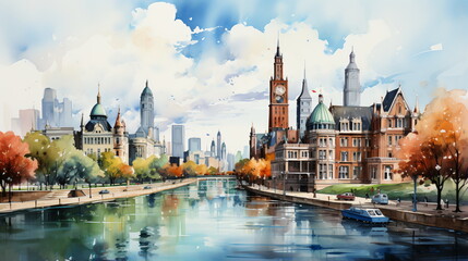 a watercolor big city skyline