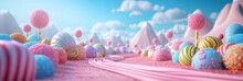 Lollylops Sweet Lansdcape Background. Candyland Scene For Game Or Presentation Design. 3D Render. Holiday, Birthday Concept.
