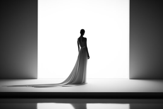 Silhouette of a bride backlit by a radiant window, Classic black and white fashion photography