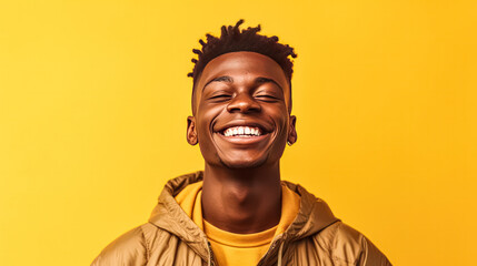 a young African man exudes a radiant smile against a vibrant yellow background.