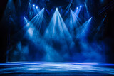 Fototapeta  - Theaterzauber: Beeindruckende Bühne mit Spotlights, Rauch und rotem Vorhang für ein unvergessliches kulturelles Erlebnis und dramatische Show-Effekte