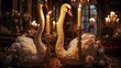 A pair of intertwined ceramic swans, each adorned with intricate floral patterns, surrounded by ethereal candlelight in a dimly lit room -Generative Ai