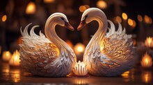 A Pair Of Intertwined Ceramic Swans, Each Adorned With Intricate Floral Patterns, Surrounded By Ethereal Candlelight In A Dimly Lit Room -Generative Ai