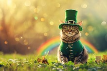Cat Wearing Green Leprechaun Hat And Costume With Rainbow And Clovers. Luck And Fortune Concept. Greeting Card, Banner, Poster With Copy Space. St Patrick's Day Celebration. Irish Culture, Ireland