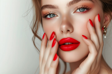 Beautiful laughing brunette model girl. Red lips and nails manicure . Fashion , beauty and make up portrait Beautiful girl showing red manicure nails . makeup and cosmetics. Studio shot of young beaut