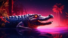 Crocodile Neon Light Animal Sitting River Bank AI Generated Pictures