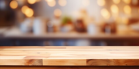 Poster - Blurred kitchen background with wooden table top, perfect for editing displays/designing image layouts, with text space.