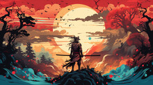 Samurai Composition Cartoon Designed On Sunlight Background Graphic Vector Splash Smoke Rainbow Background , Generate AI