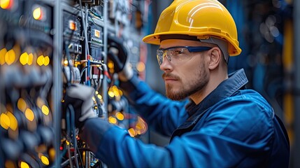 Poster - Young electrician working on an electrical panel