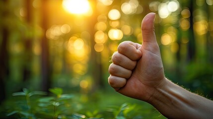 Male hand with thumbs up, outdoors.