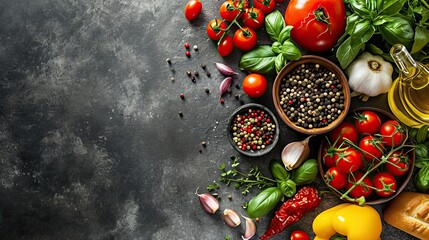 Wall Mural - Some ingredients on a slate background, Mediterranean diet concept.