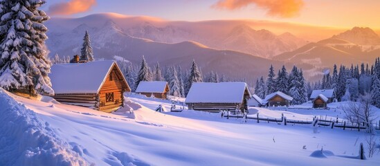 Poster - Log cabins in winter Carpathian mountains at sunrise or sunset.