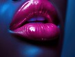 © Ibad - Attractive plump lips young beautiful girl close-up model with purple gloss and bright make-up. Beauty portrait of model in studio. Soft focus. Purple lighting and shading.