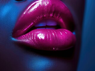 Wall Mural - Attractive plump lips young beautiful girl close-up model with purple gloss and bright make-up. Beauty portrait of model in studio. Soft focus. Purple lighting and shading.