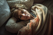Mature Woman Napping Peacefully on Couch with Blanket