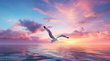 Seagull And Violet Clouds Seagull Flying In Violet Sky Over The Sea , Generate AI
