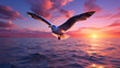 Seagull and violet clouds Seagull flying in violet sky over the sea , Generate AI