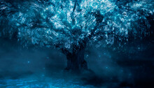 Fantasy Night Landscape With Magical Old Tree, Neon Landscape.