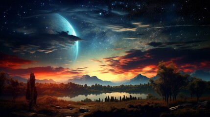 Wall Mural - night alien space landscape, stars, nebulae, galaxies in the sky