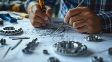 Engineer Technician Designing Drawings Mechanical Parts Engineering Engine Manufacturing Factory Industry Industrial Work Project Blueprints Measuring Bearings Caliper Tools