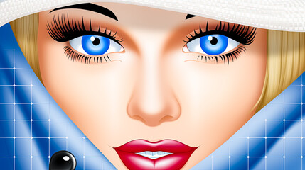 Wall Mural - Woman in a white hat with blue eyes and red lips. Close-up illustration.