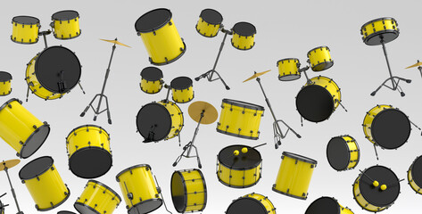 Wall Mural - Many of flying drums with metal cymbals or drumset on white background