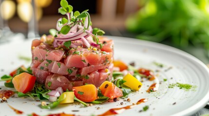 Wall Mural - Tuna salad served in a fancy restaurant, delicately sprinkled with herbal sauce, food photography.