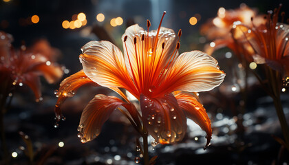 Sticker - Vibrant yellow flower head glows in dark, illuminated by dew generated by AI