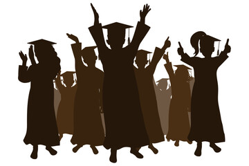 Wall Mural - Happy crowd of graduates children in square academic caps. Cheerful people silhouette. Graduation ceremony. Vector  illustration.